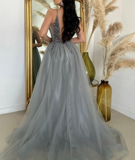 ombreprom Slit Front V-Neck Spaghetti Straps Long Tulle Sleeveless Prom Dress with Beadings