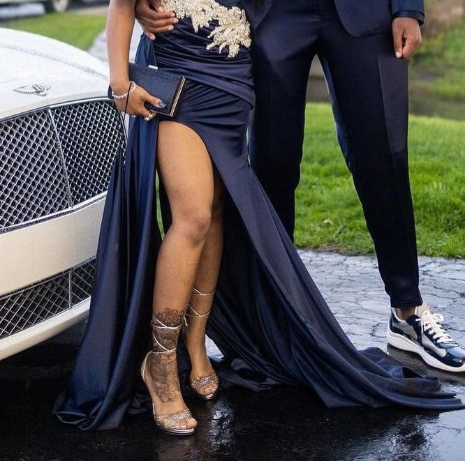 Off the shoulder Dark Navy Mermaid High Split Appliques Prom Dresses