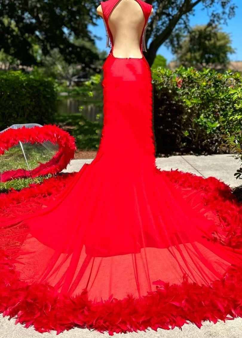 Deep V-neck Mermaid Ruby Feather Silver Beaded Prom Dresses