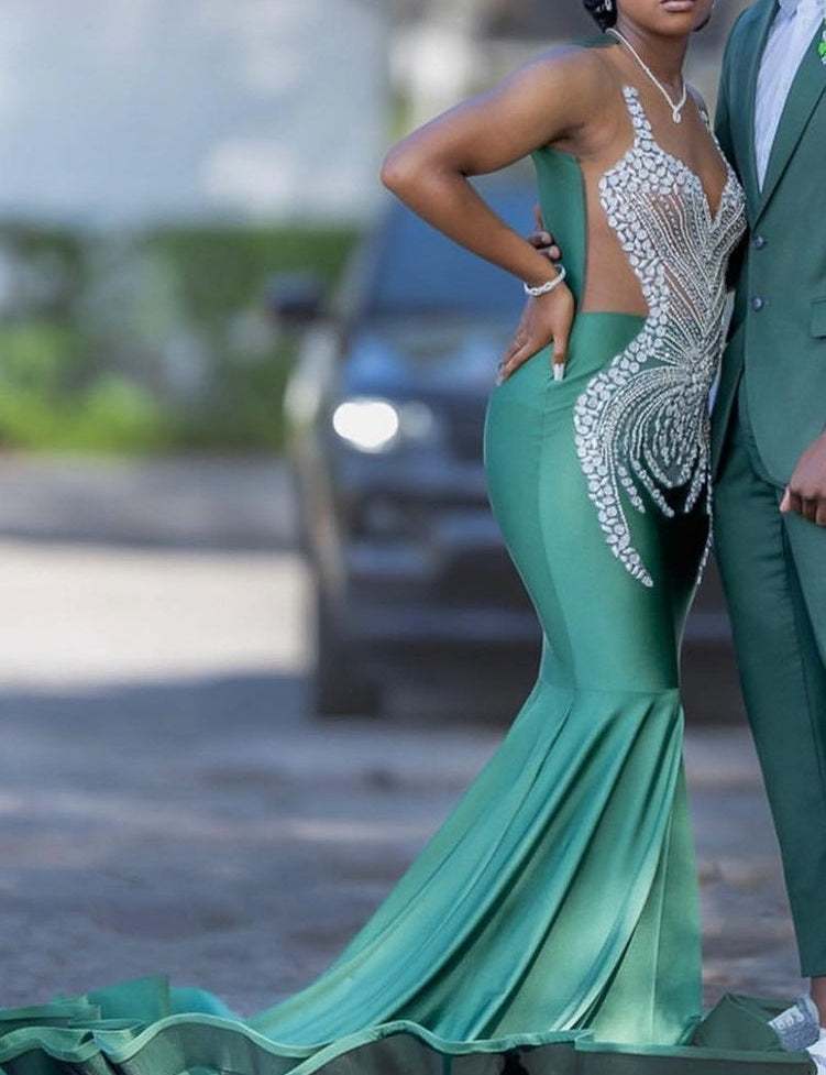 Dark Green Mermaid Floor length Prom Dresses with Silver Beads