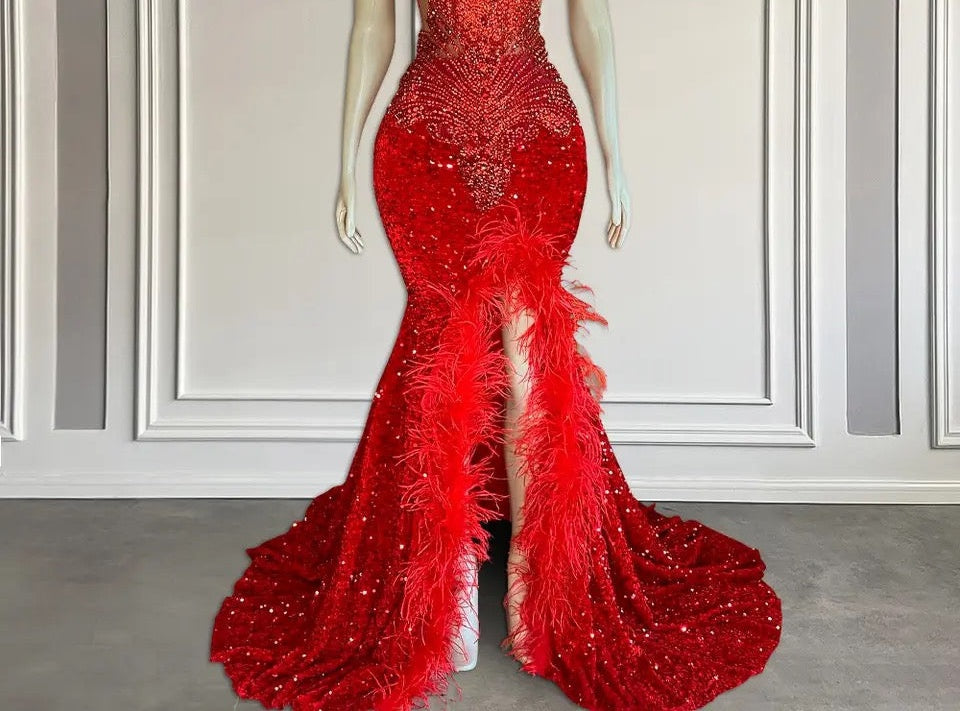 Mermaid Prom Dress with Sequins Sleeveless Split Beadings and Feather Embellishments