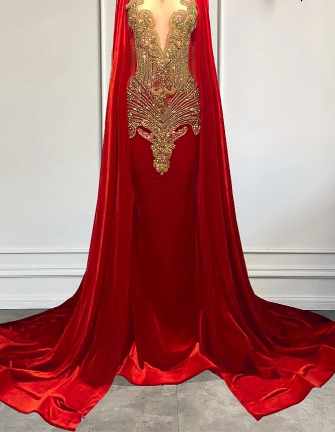Mermaid Prom Dresses with Red Scoop Neckline and Beadings Cape