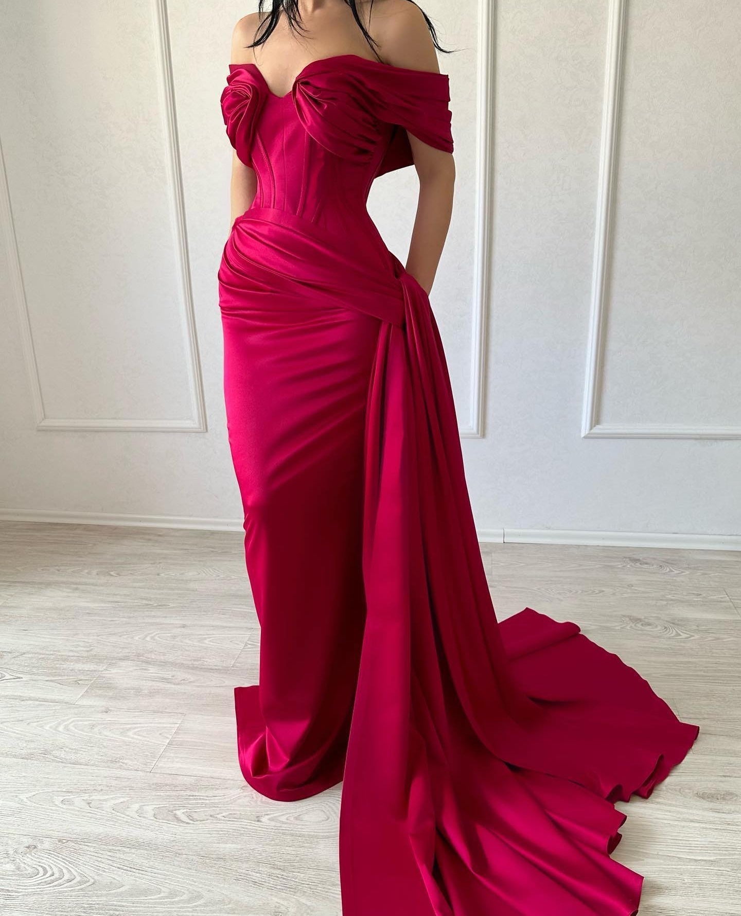 Classic Long Mermaid Off-the-shoulder Sleeveless V-neck Satin Fuchsia Prom Dress