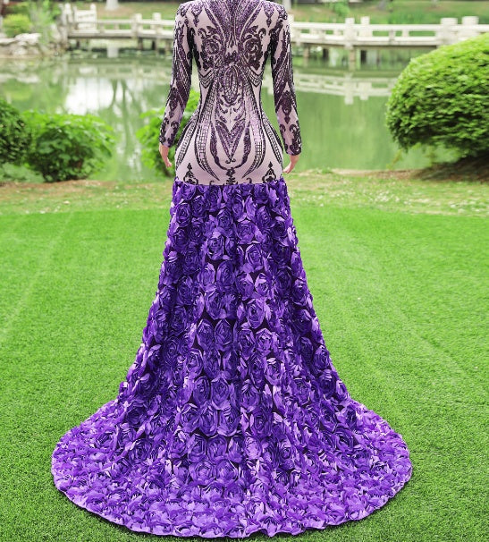Gorgeous Purple Long Sleeves V-Neck Prom Dress Sequins With Flowers