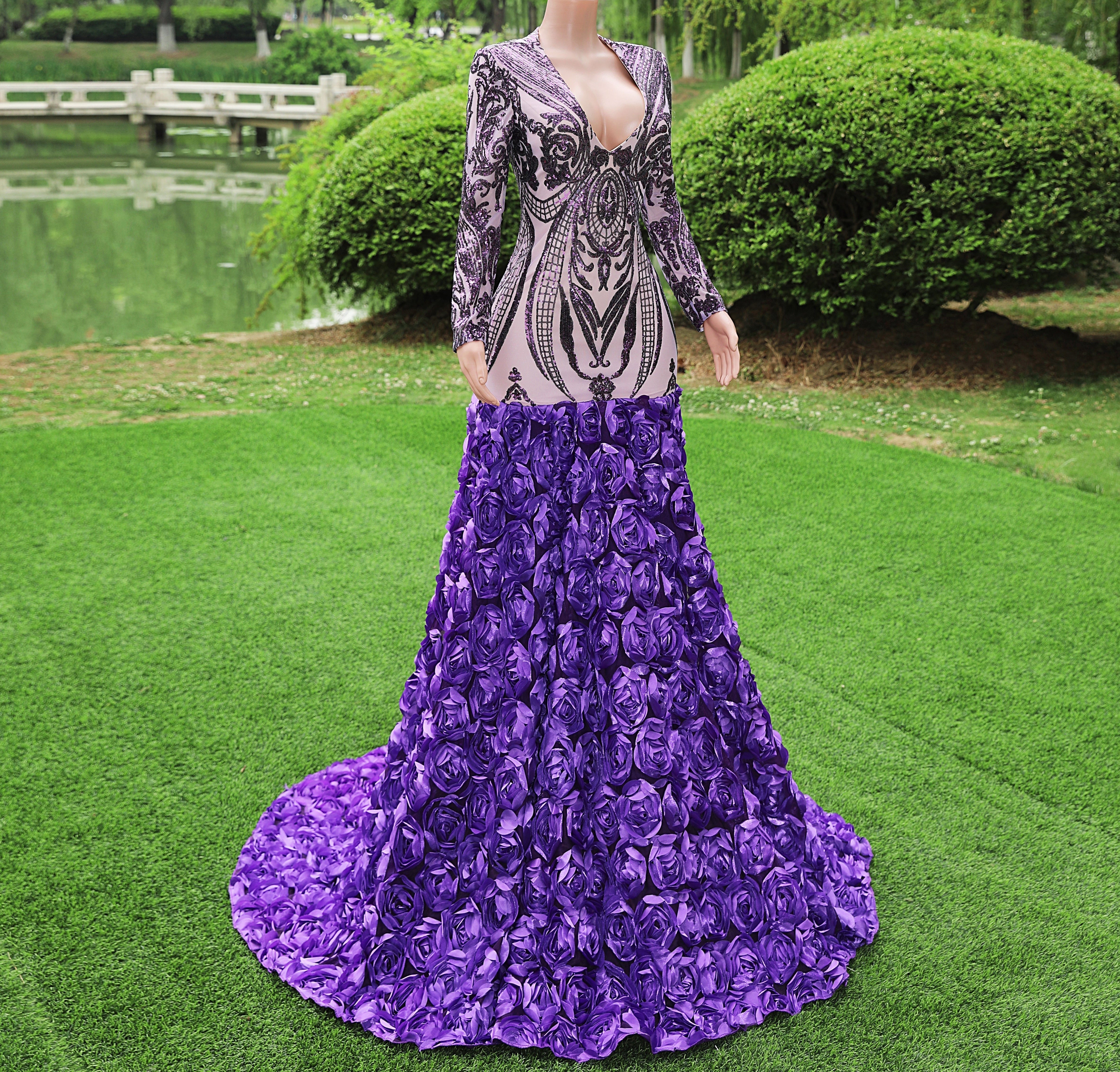 Gorgeous Purple Long Sleeves V-Neck Prom Dress Sequins With Flowers