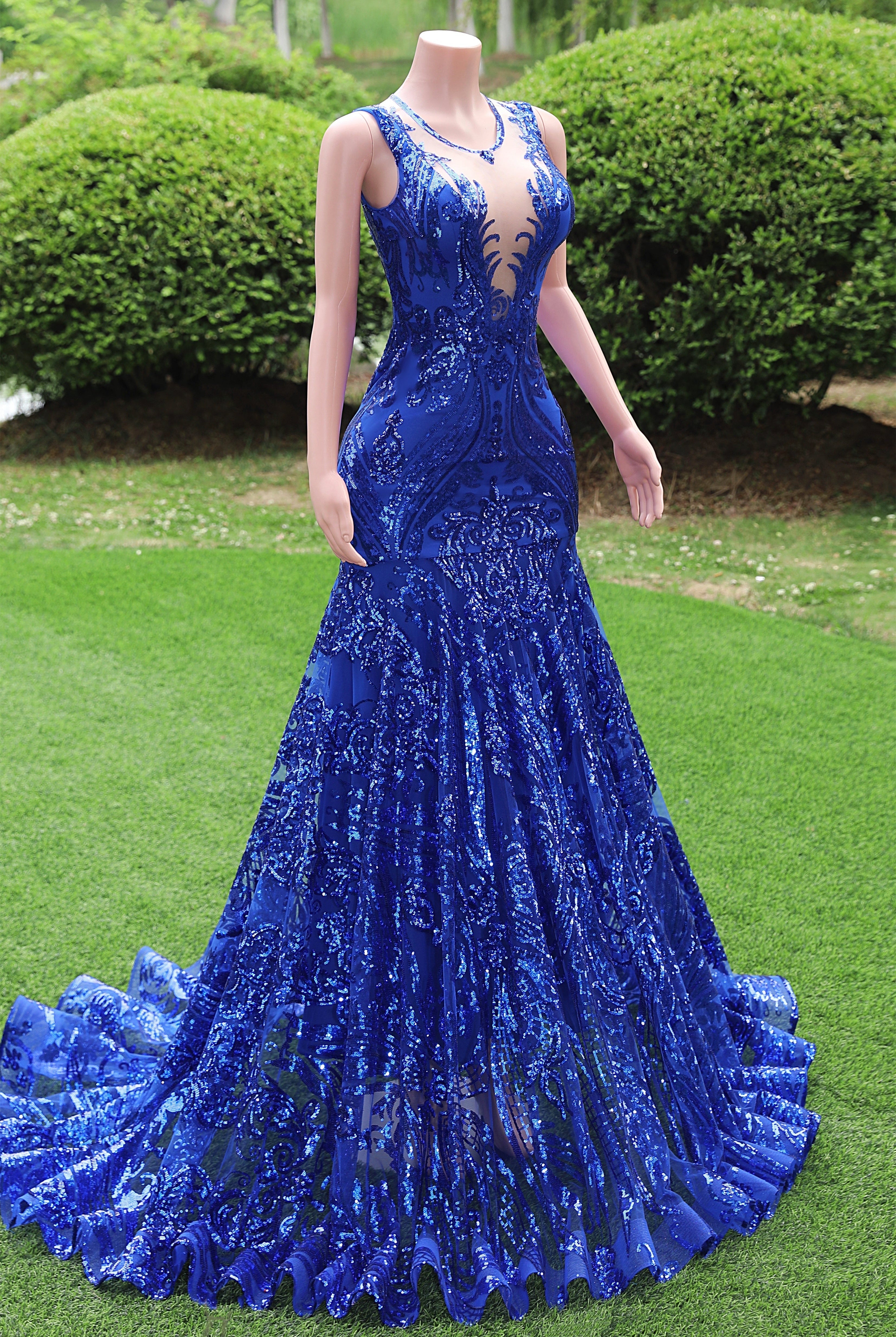 Round neck Royal Blue Mermaid Sequin Sparkle Prom Dresses
