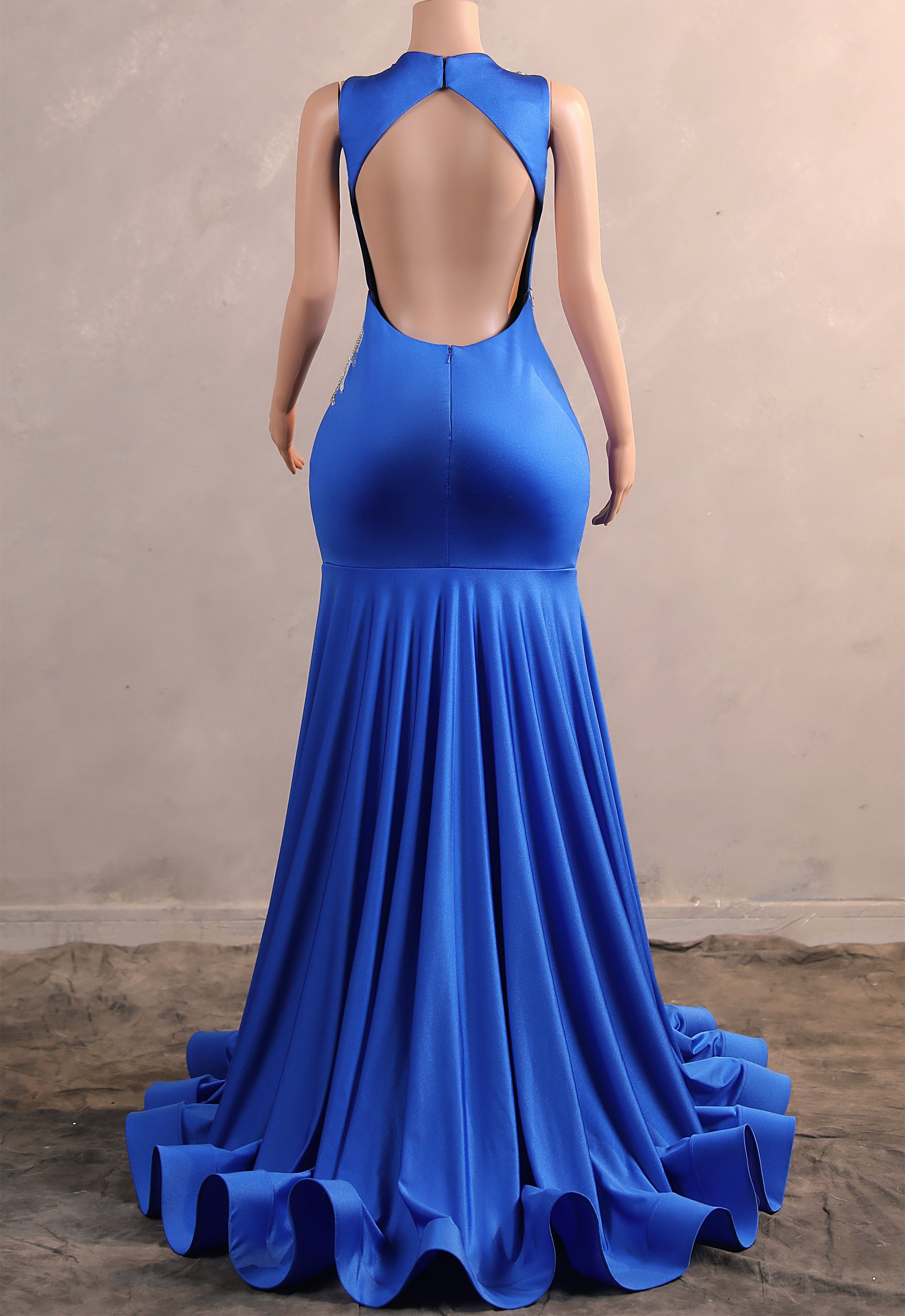 Silver Appliques Blue Satin Mermaid Sleeveless Prom Dresses