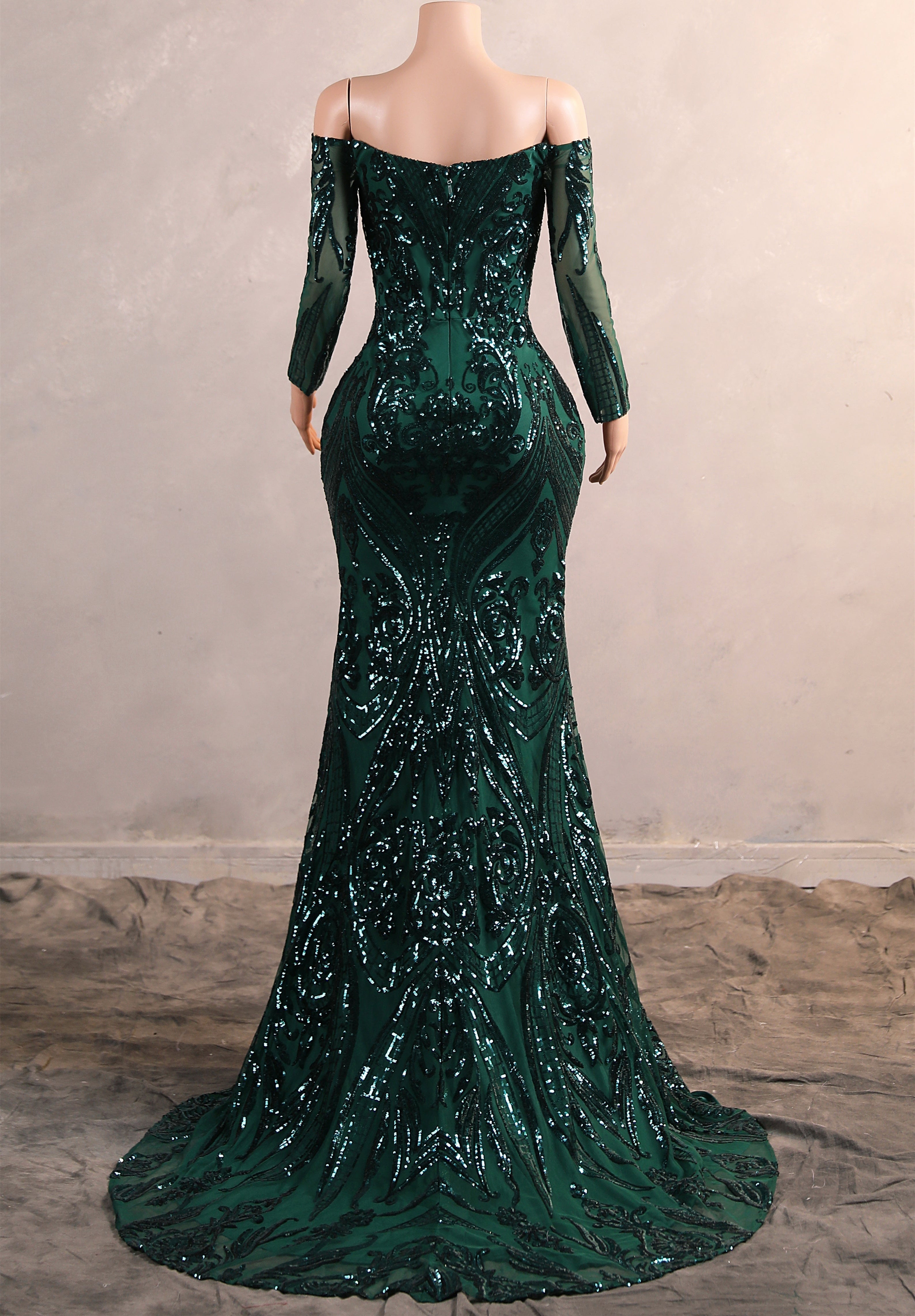 Dark Green Off-the-shoulder Long sleeves Sequin Mermaid Prom Dresses