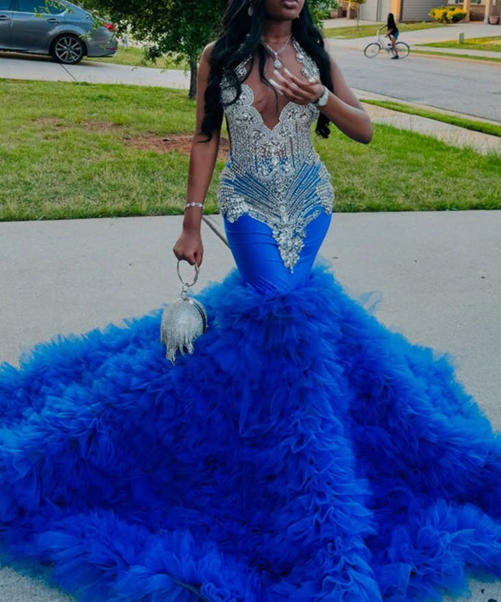 Elegant Blue Ruffles Mermaid Fit and Flare Silver Beaded Prom Dresses