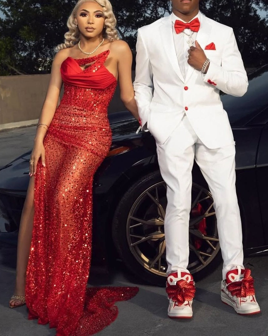 Ruby Column Sparkle Sequined Mermaid Sweetheart High Split Prom Dresses