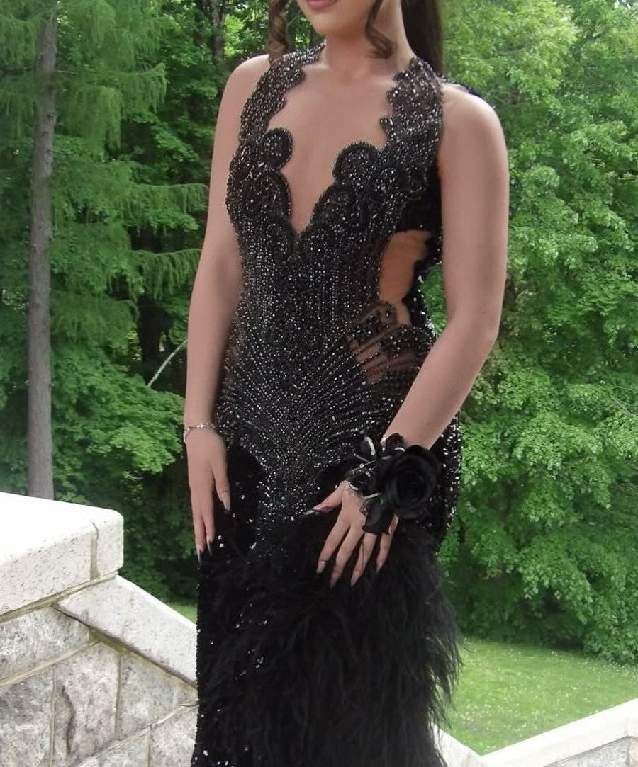 Black Open Back Sleeveless High Split Sequin Long Prom Dresses