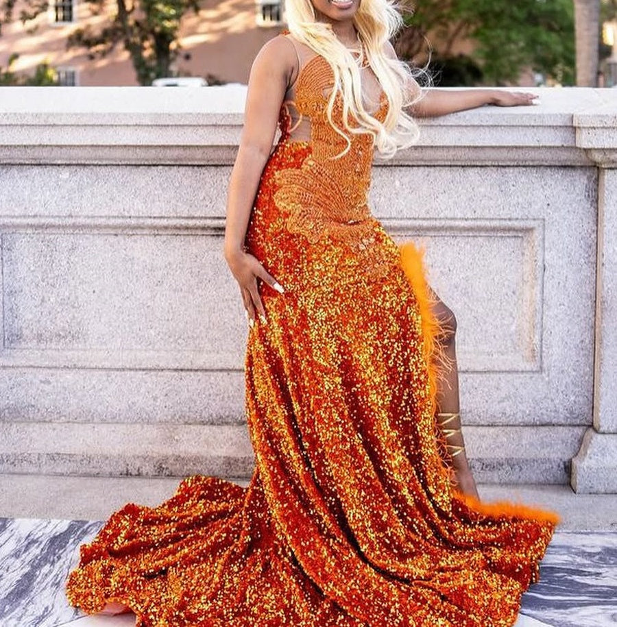 Orange Sleeveless Beaded Sequin Feathers Prom Dresses