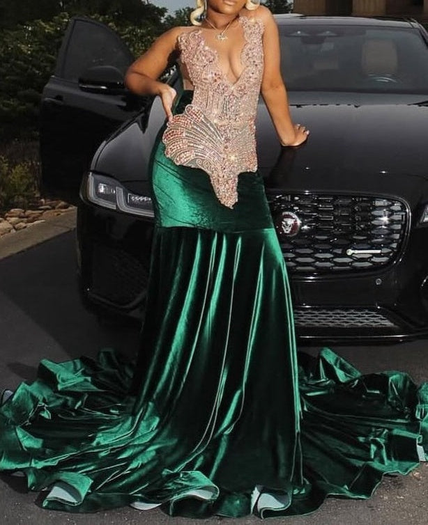 Dark Green Champange Beaded V-neck Sleeveless Long Prom Dresses