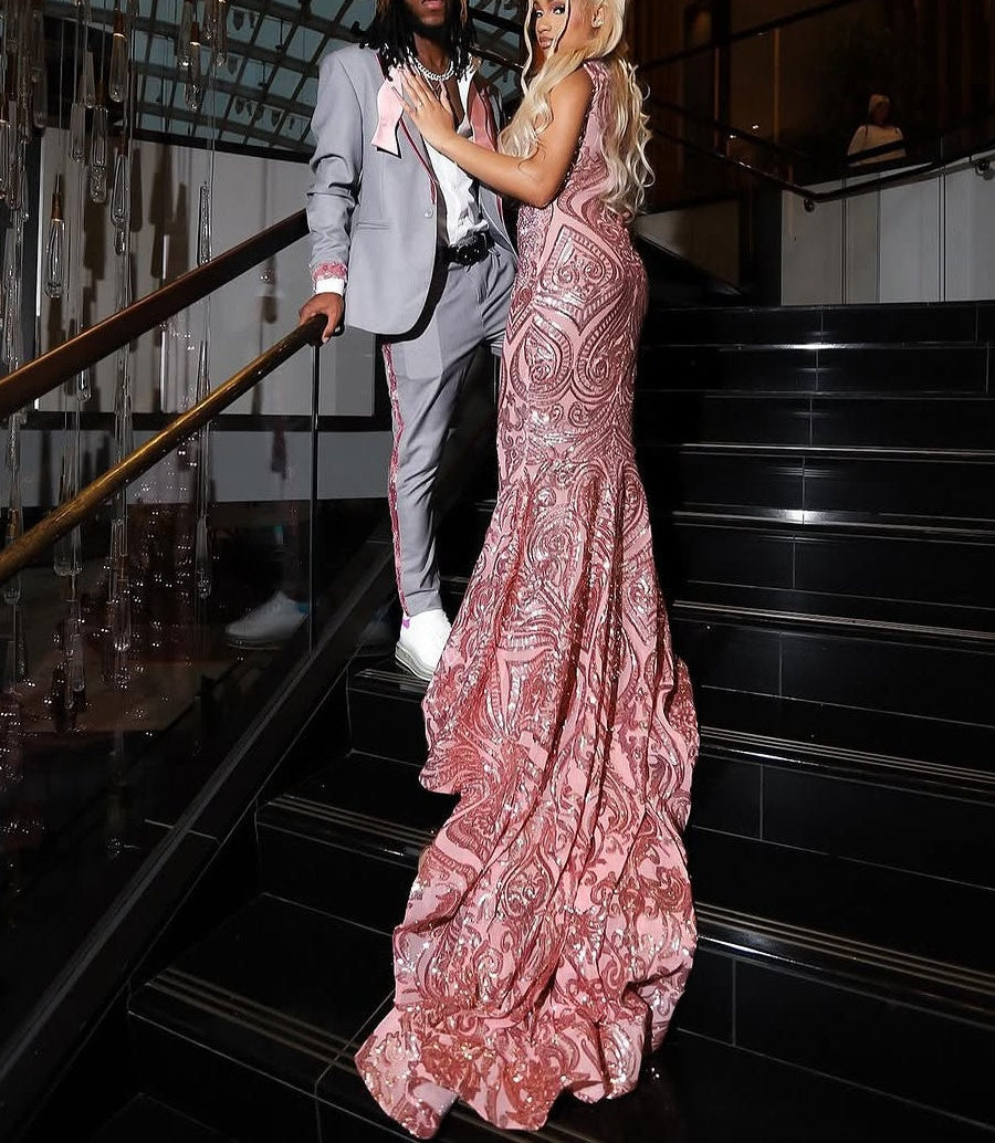 Pink Sequined Column Silver Beaded V-neck Prom Dresses