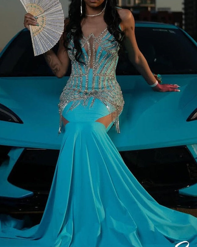 Round neck Silver Beaded Blue Mermaid Floor length Prom Dresses