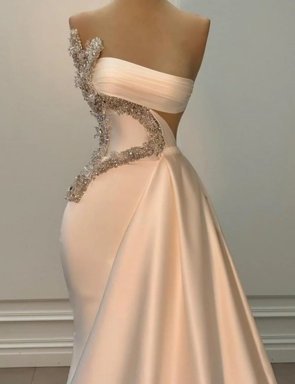Ivory One shoulder Ivory Satin Silver Beaded Mermaid Prom Dresses