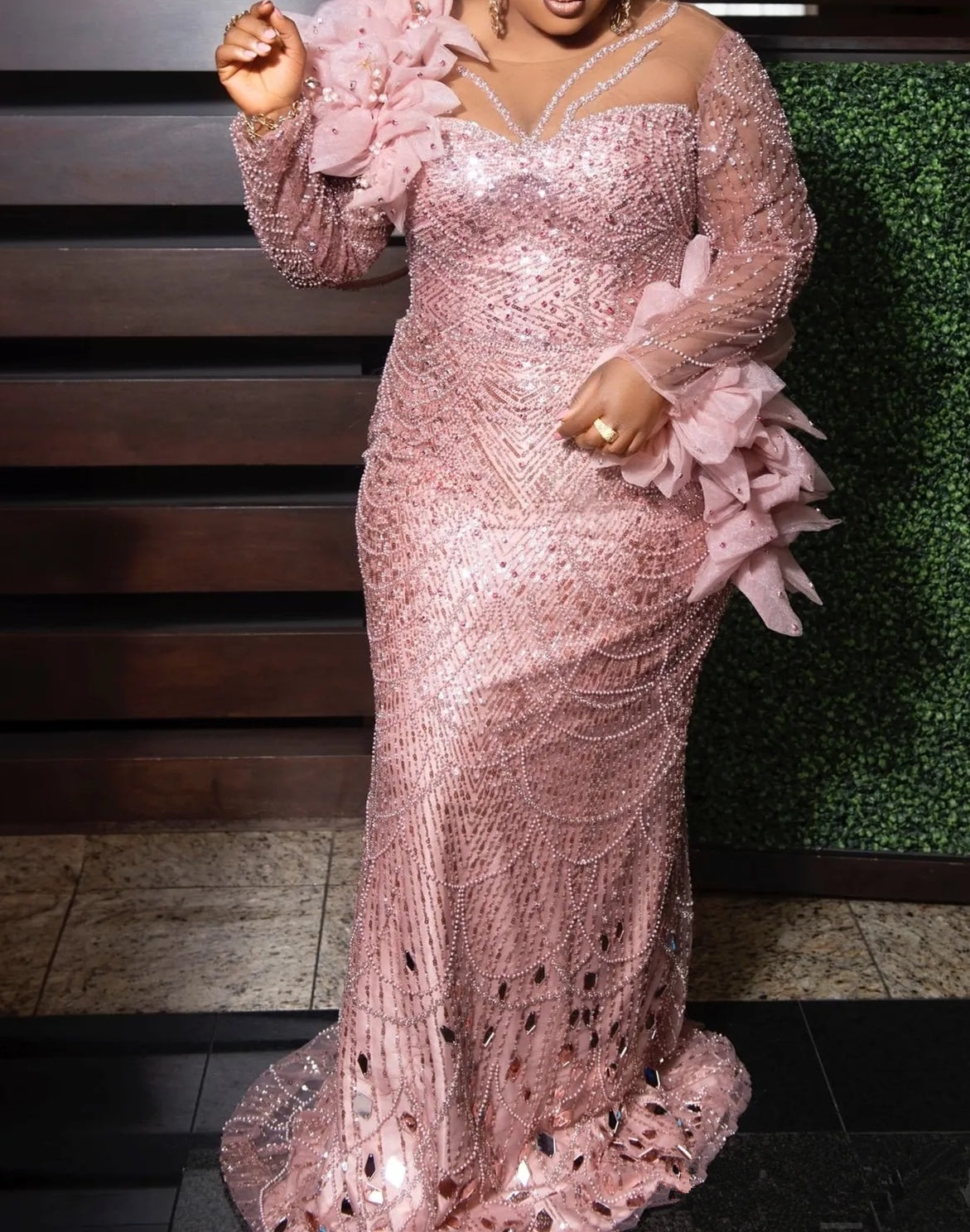 Luxury Long sleeves Pink Flowers Floor length Mermaid Plus Size Prom Dresses