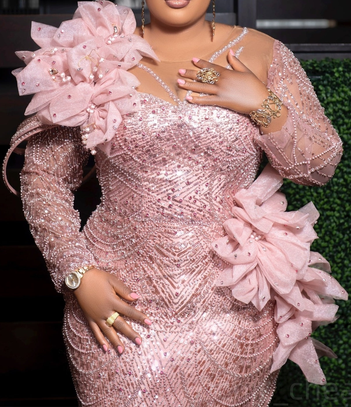 Luxury Long sleeves Pink Flowers Floor length Mermaid Plus Size Prom Dresses