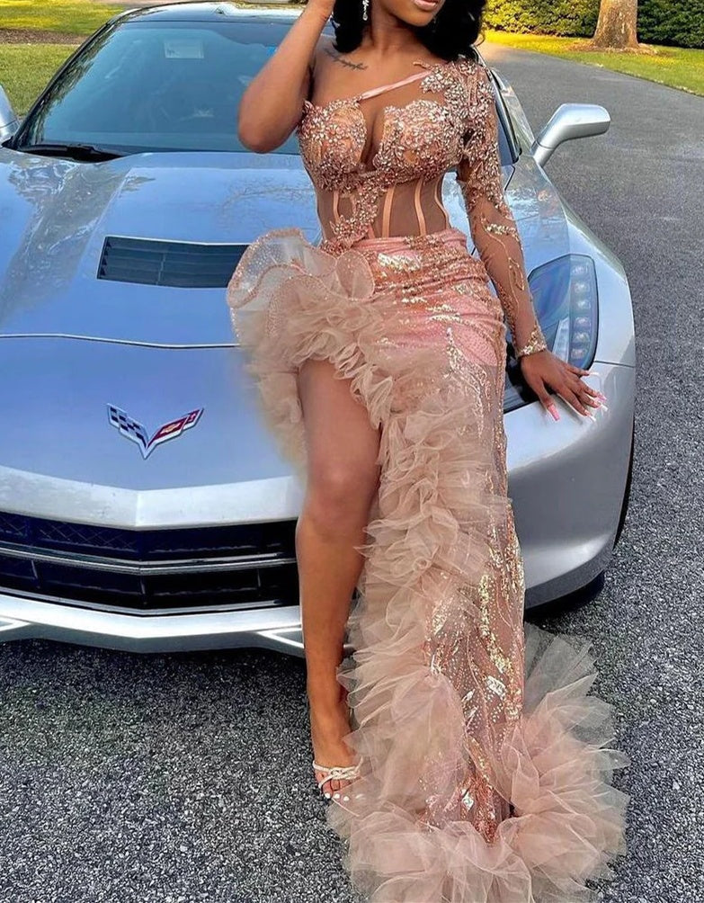 One shoulder Long sleeves Ruffles High Split Pink Prom Dresses