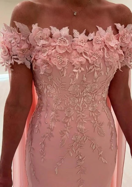 Pearl Pink Off the shoulder Cap sleeves Column Flowers Prom Dresses