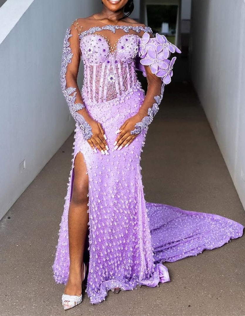 One shoulder Long sleeves Lilac High Split Sequin Flowers Prom Dresses