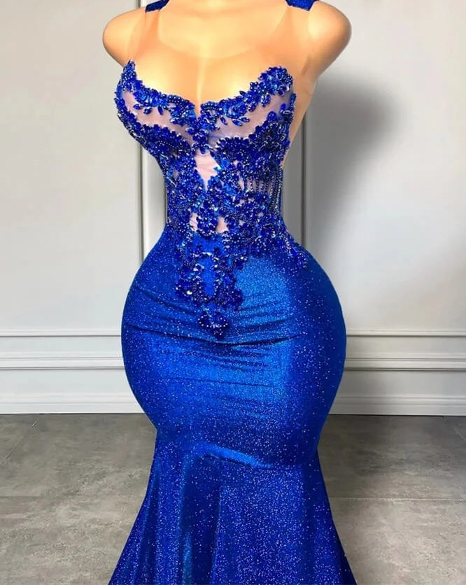 Royal Blue Round neck Mermaid Court Train Prom Dresses