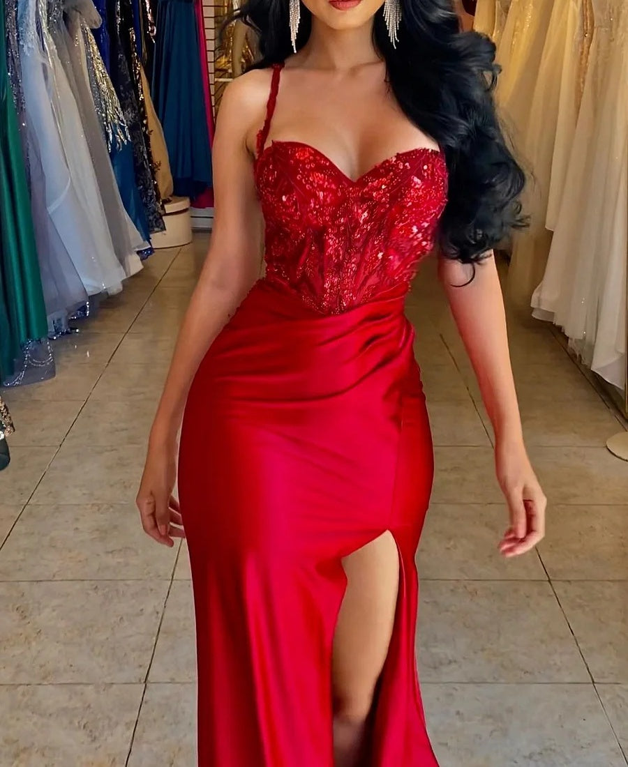 Straps Burgundy Sweetheart High Split A-line Floor length Prom Dresses