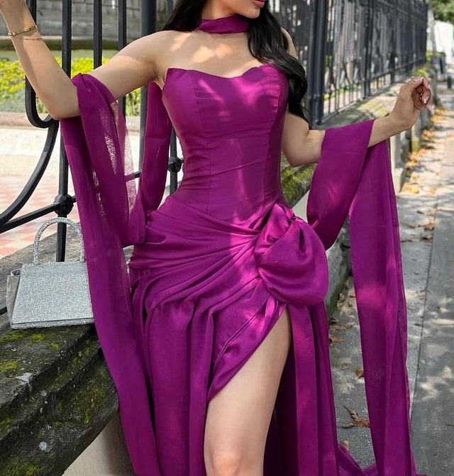 Classy Orchid Sweetheart Prom Dresses Satin Sleeveless High Slit With Pleats