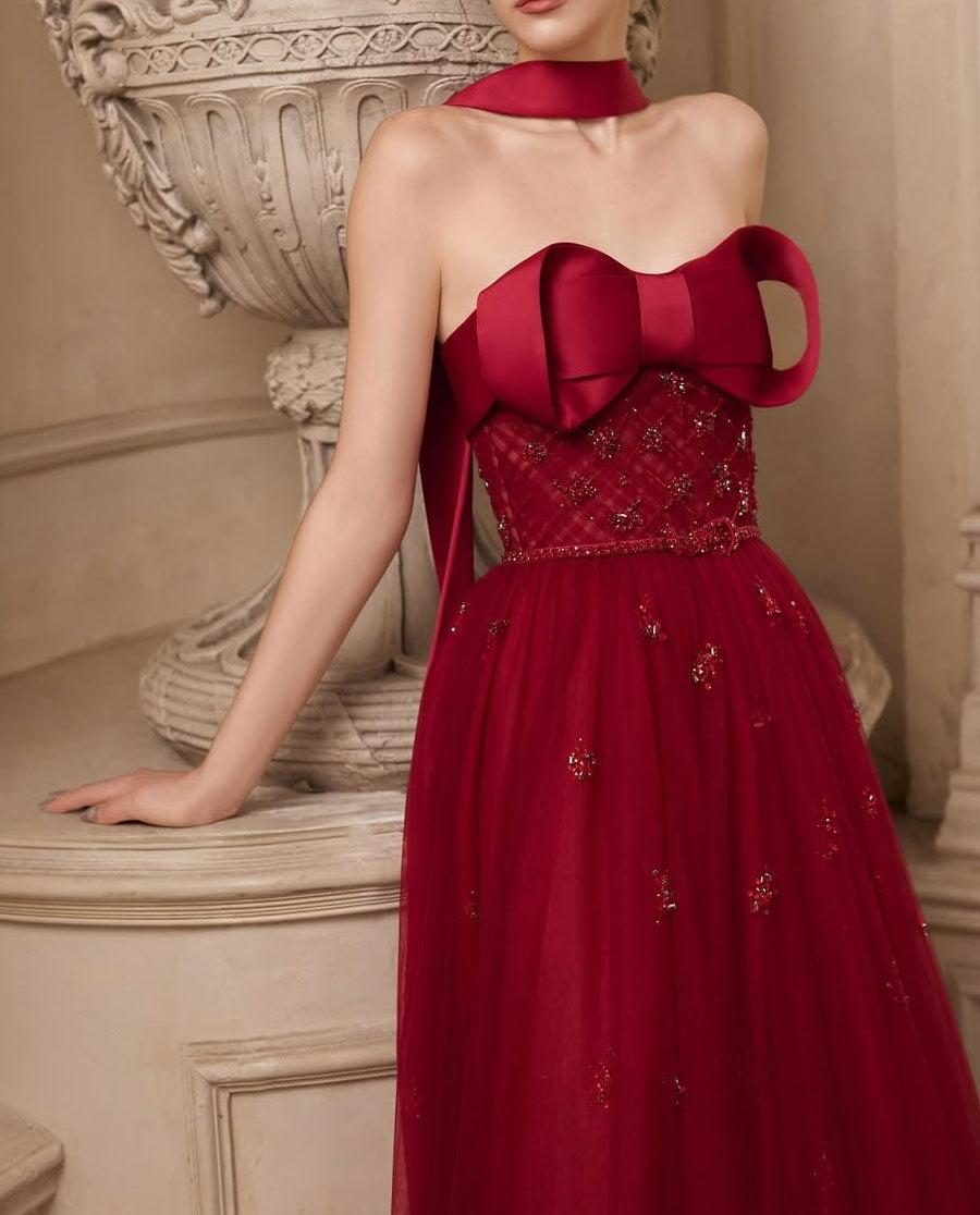 Popular Burgundy Strapless Tulle A-Line Prom Dresses Sleeveless Gem With Bow Knot Beadings