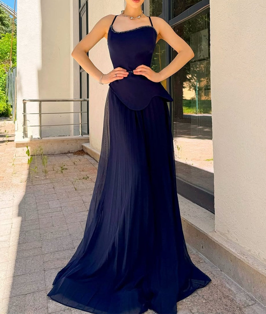 Chic Navy Blue Spaghetti-Strap Prom Dresses Sleeveless Floor Length Pleats With Pearls