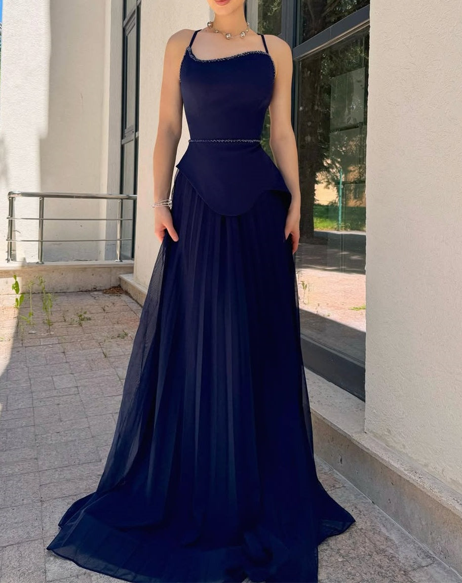 Chic Navy Blue Spaghetti-Strap Prom Dresses Sleeveless Floor Length Pleats With Pearls