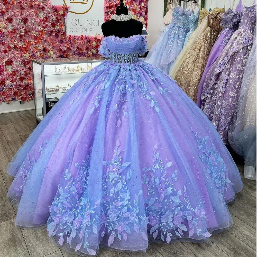 Luxury & Gorgeous Ball Gown Off Shoulder 3D Floral Lace Appliques Beaded Purple Tulle Quinceanera Dress Princess Party Gown for Sweet 16