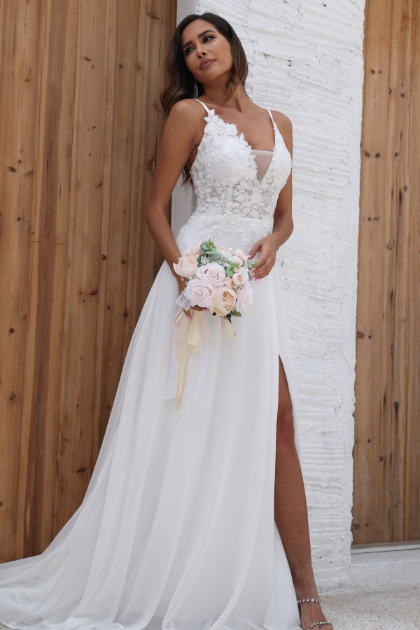 Simple A-Line Low V Neck Spaghetti Straps Seeveless Appliques Bride Gown Side Slit and Train Chiffon Beach Wedding Dress