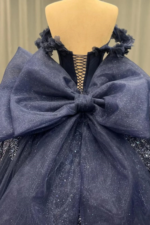 Off Shoulder Quinceanera Dresses Fully Beaded Appliques Bow Knot Lace Up Sparkly Dark Navy Tulle