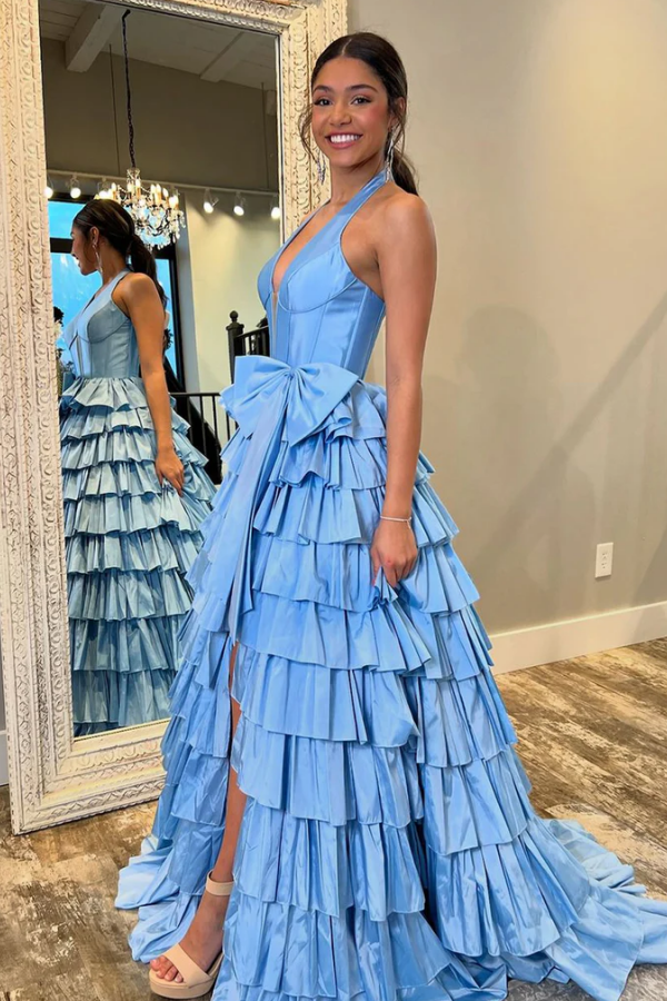 Cute & Chic A-Line Low V Neck Halter Sleeveless Prom Dresses Party Dress Tiered Side Slit Evening Gown woth Bow Knot Cocktail Dress