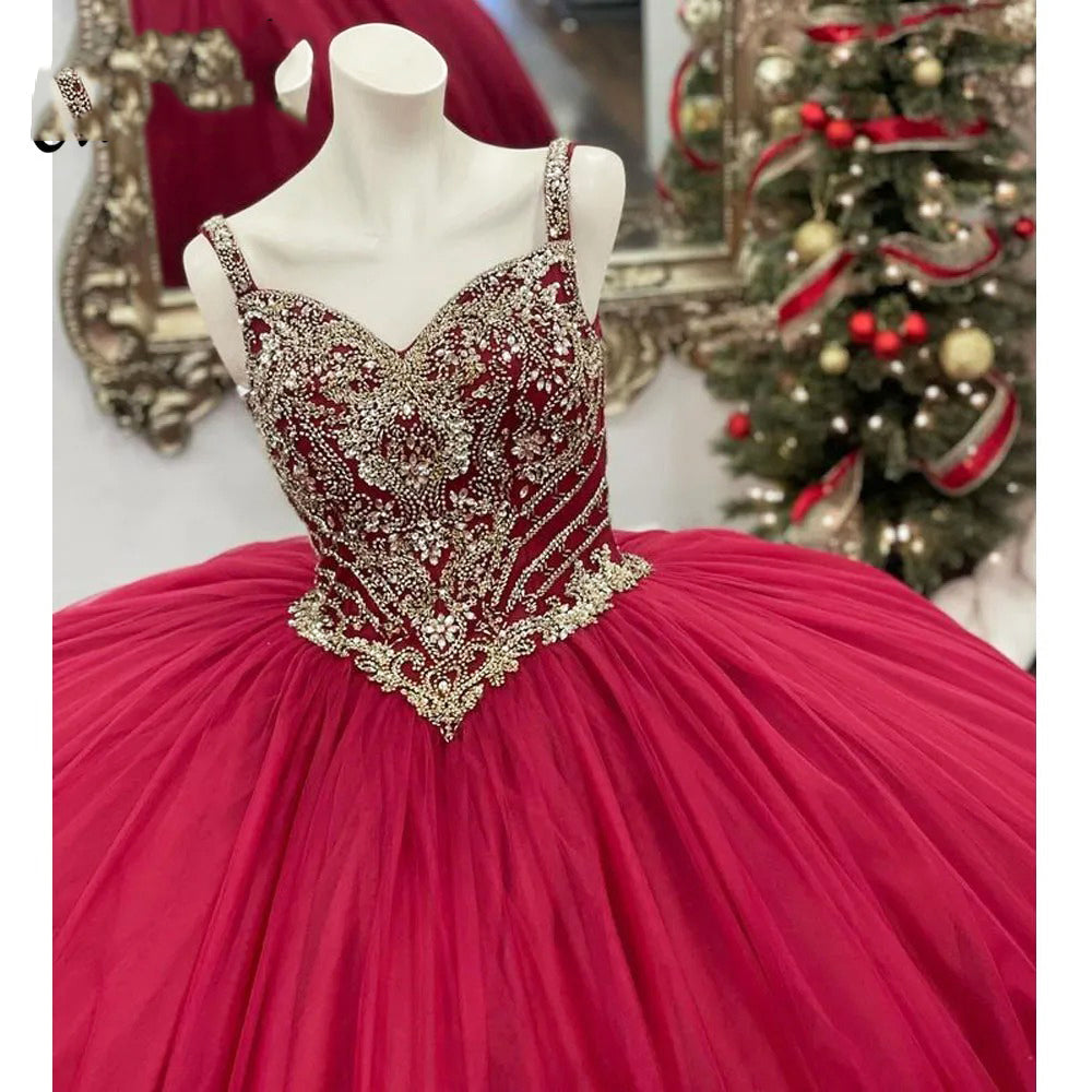 Luxury & Gorgeous Ball Gown Sweetheart Neck Spaghetti Straps Flower Lace Appliques Beaded Red Tulle Quinceanera Dress Princess Birthday Party Gown for Sweet 16