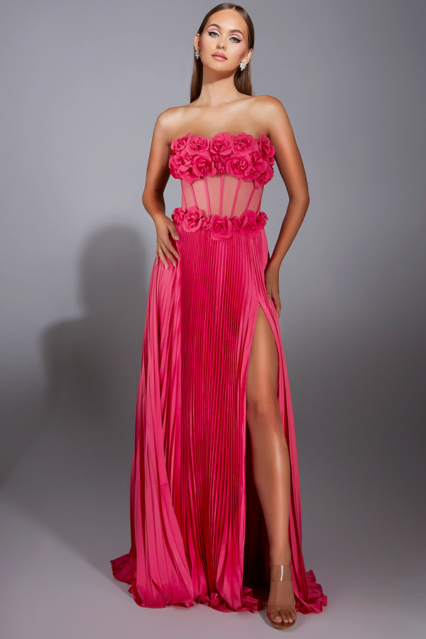 Elegant & Gorgeous A-Line Strapless Sleeveless 3D Flowers Formal Proom Dress Ruched Back Zipper High Side Slit Evening Party Dress Wedding Guest Dress