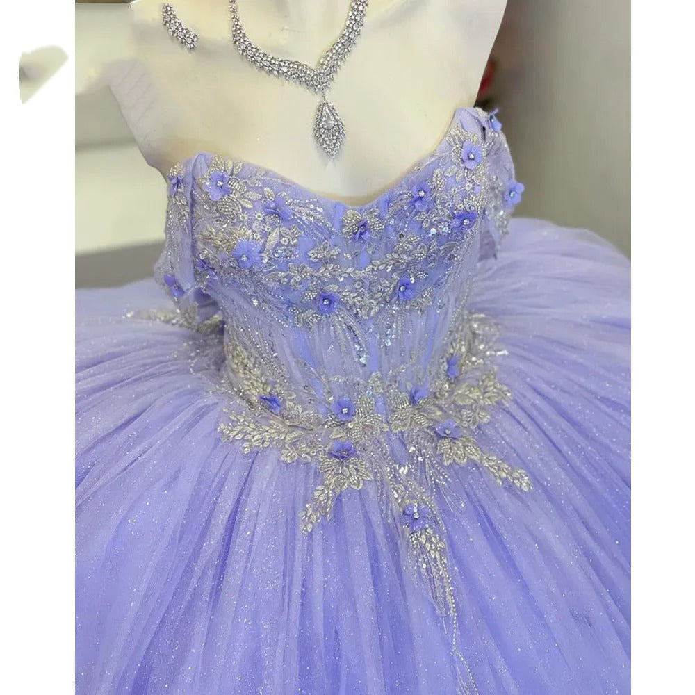 Sparkly & Glitter Ball Gown Off Shoulder Lace Appliques Beaded Lavender Tulle Quinceanera Dress Evening Party Dress for Sweet 16