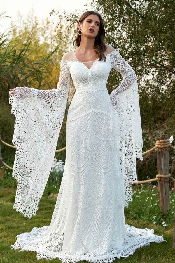 Chic & Modern Mermaid V Neck Long Brumpet Sleeves Fully Lace Sleeves Boho Wedding Dress V Back Court Train Beach Bridal Gown