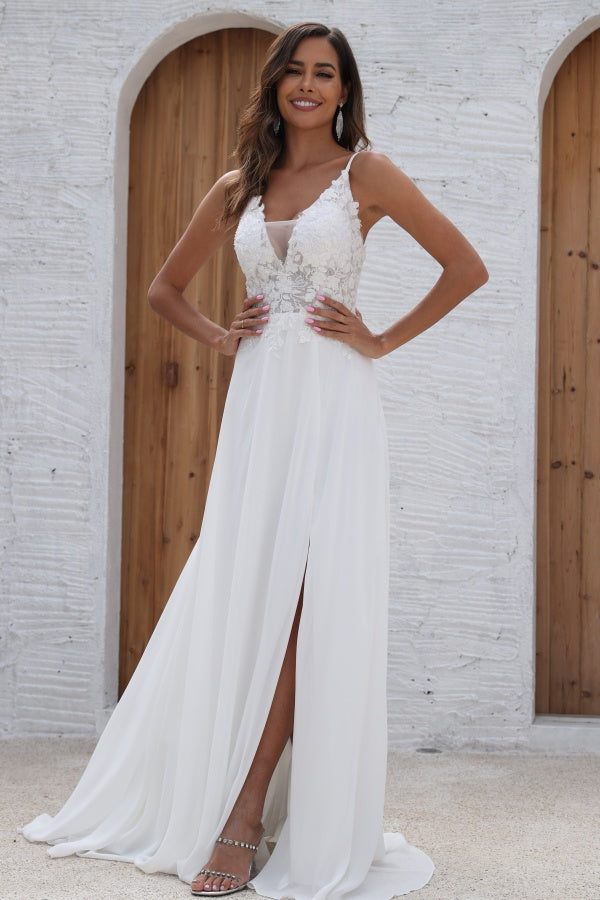 Simple A-Line Low V Neck Spaghetti Straps Seeveless Appliques Bride Gown Side Slit and Train Chiffon Beach Wedding Dress