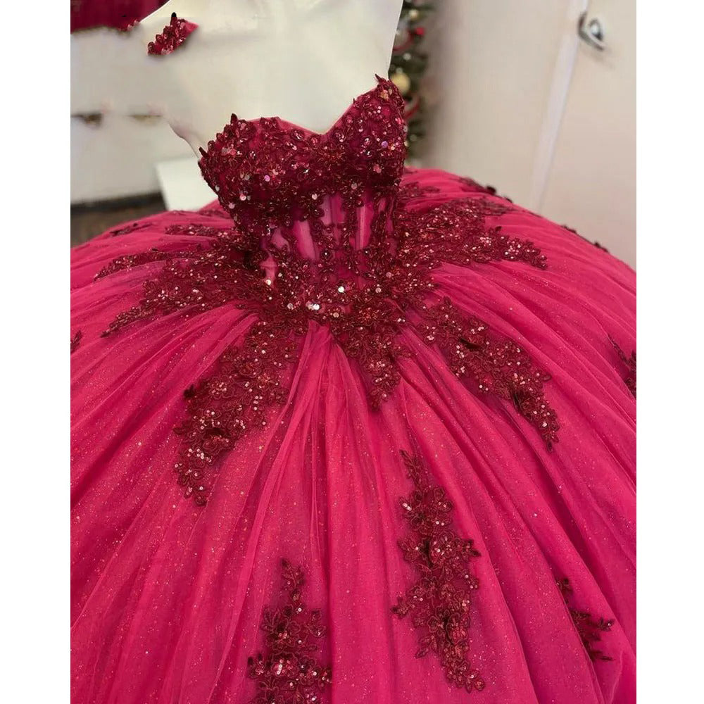 Sexy & Hot Ball Gown Sweetheart Neck Lace Appliques Beaded Hot Pink Tulle Quinceanera Dress Princess Party Gown for Sweet 16