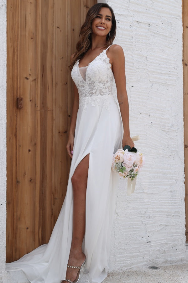 Simple A-Line Low V Neck Spaghetti Straps Seeveless Appliques Bride Gown Side Slit and Train Chiffon Beach Wedding Dress
