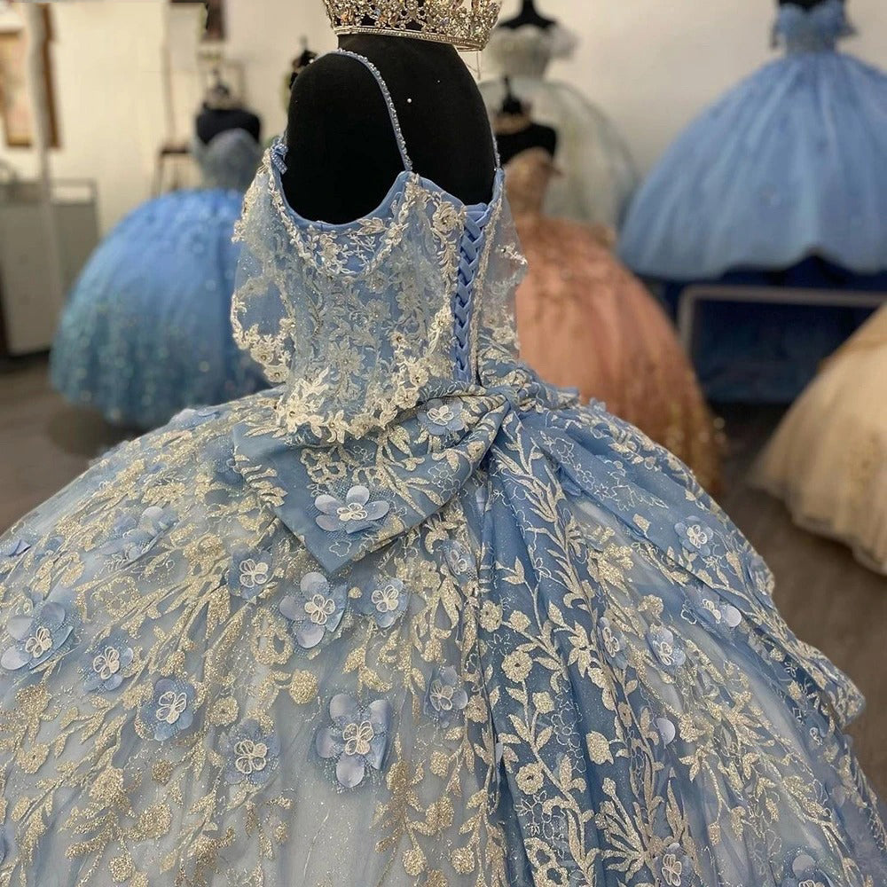 Gorgeous Ball Gown V Neck Spaghetti Straps Flower Appliques Beaded Lace Up Sky Blue Tulle Princess Gown Quinceanera Dress for Sweet 16