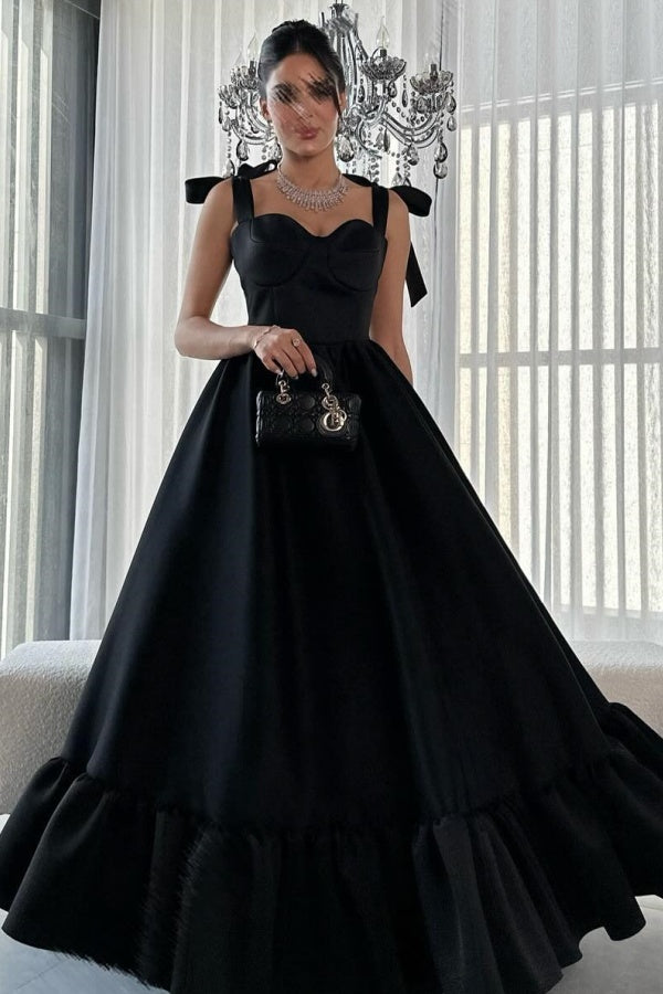 Classic & Simple A-Line Sweetheart Neck Straps Sleeveless Prom Dresses Party Dress Black Satin Floor Length Evenng Gown Wedding Guest Dress