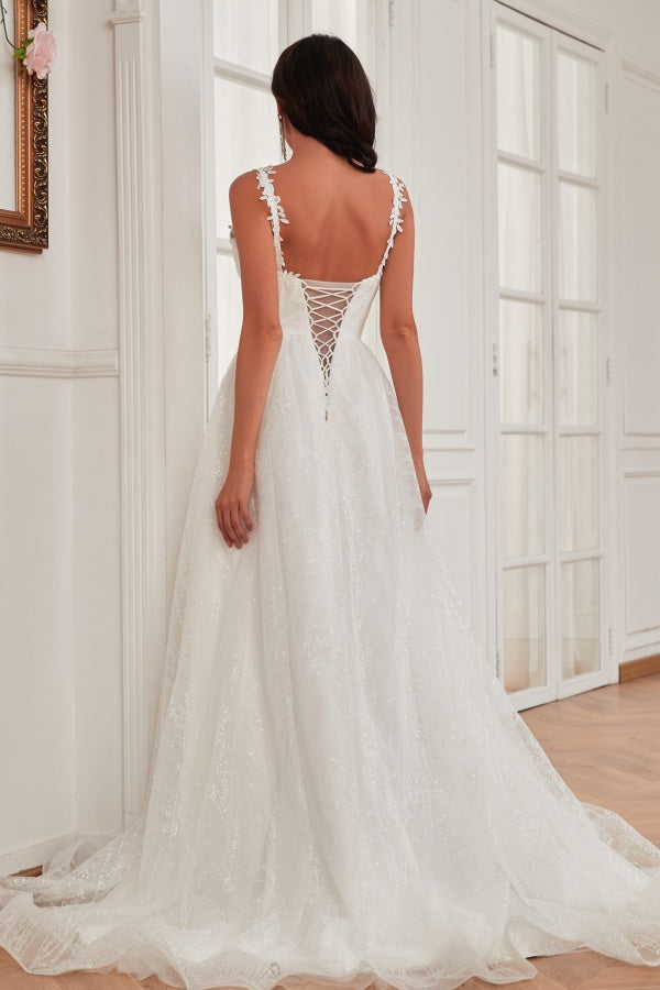 Glamorous & Glitter A-Line Low V Neck Spaghetti Straps Appliques Tulle Wedding Dress Lace Up Floor Length Bride Gown