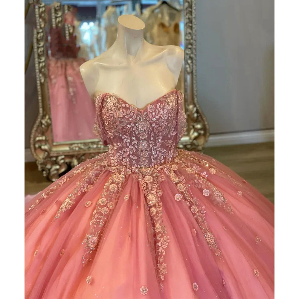 Sparkly & Glitter Ball Gown Off Shoulder Floral Applique Beaded Pink Tulle Quinceanera Dress Birthday Party Gowns for Sweet 16