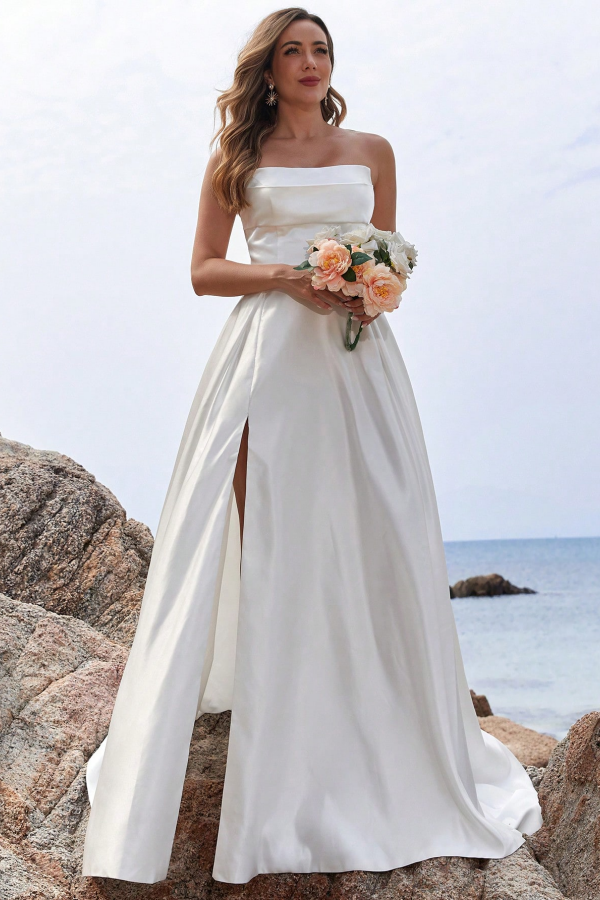 A-Line Strapless Sleeveless Pleated High Side Slit and Train Lace Up Satin Beach Wedding Dress Bride Gown