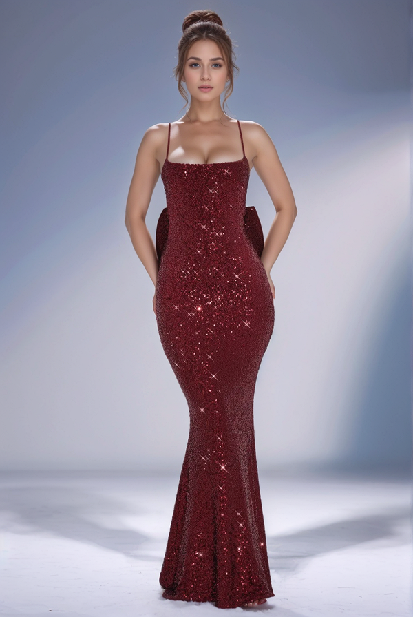 Sexy & Hot Mermaid Square Spaghetti Straps Sleeveless Open Back Floor Length Prom Dresses Dress Fully Sequins Special Occasion Dress Evenng Party Dress with Bow Knot