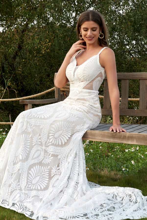Gorgeous Mermaid V Neck Spaghetti Straps Sleeveless Fully Lace Bohemian Wedding Dress V Back Open Back Floor Length Court Train Bridal Gown