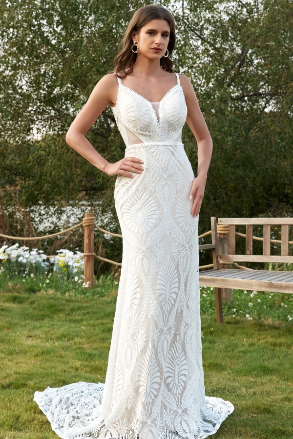 Gorgeous Mermaid V Neck Spaghetti Straps Sleeveless Fully Lace Bohemian Wedding Dress V Back Open Back Floor Length Court Train Bridal Gown